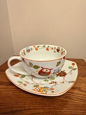 Pier 1 Imports "Enchanted Woods" Owl Soup Mug and Plate Set. New, never used.